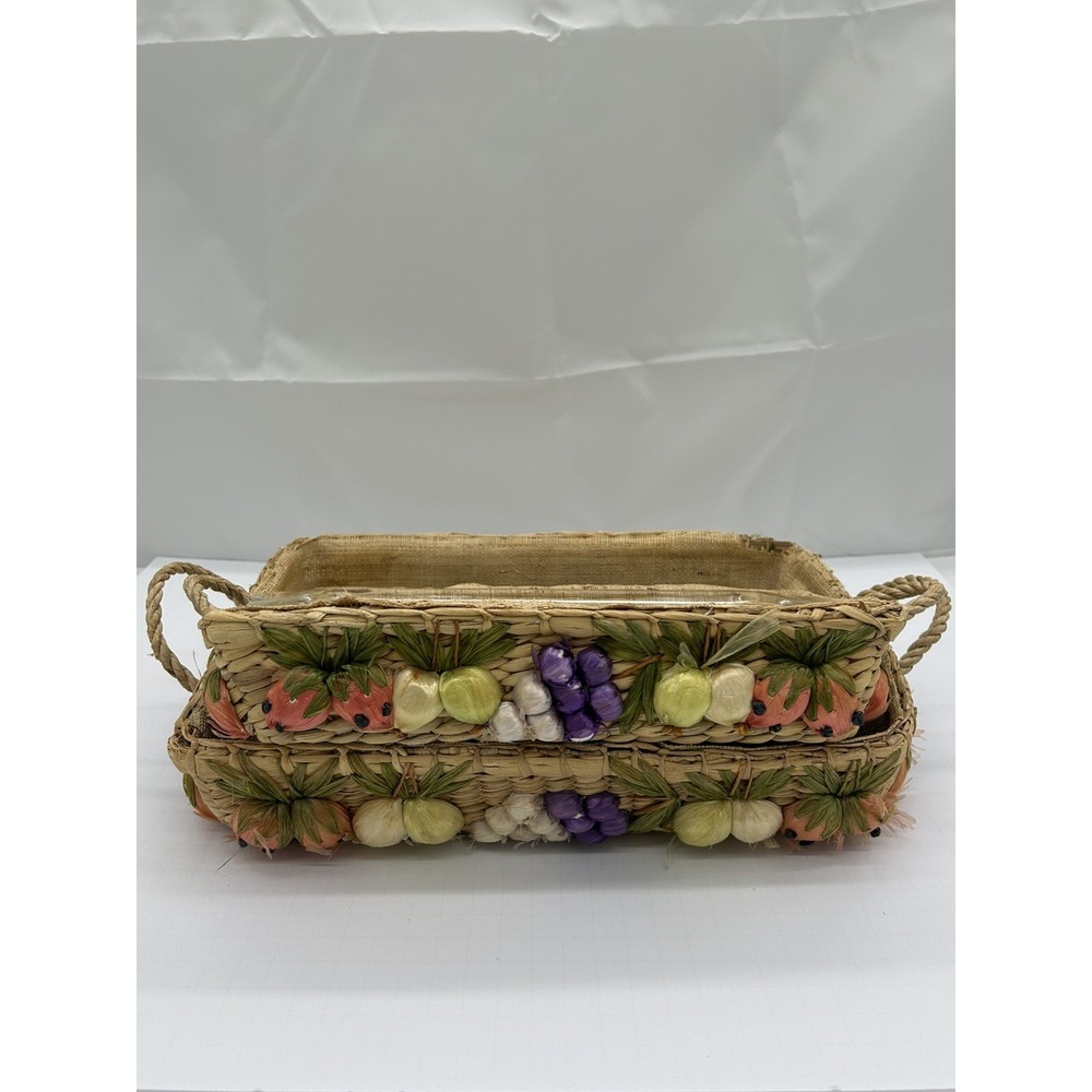 VTG Raffia Casserole Dish Carrier Basket Set of 2 with Anchor Hocking Glass Dish